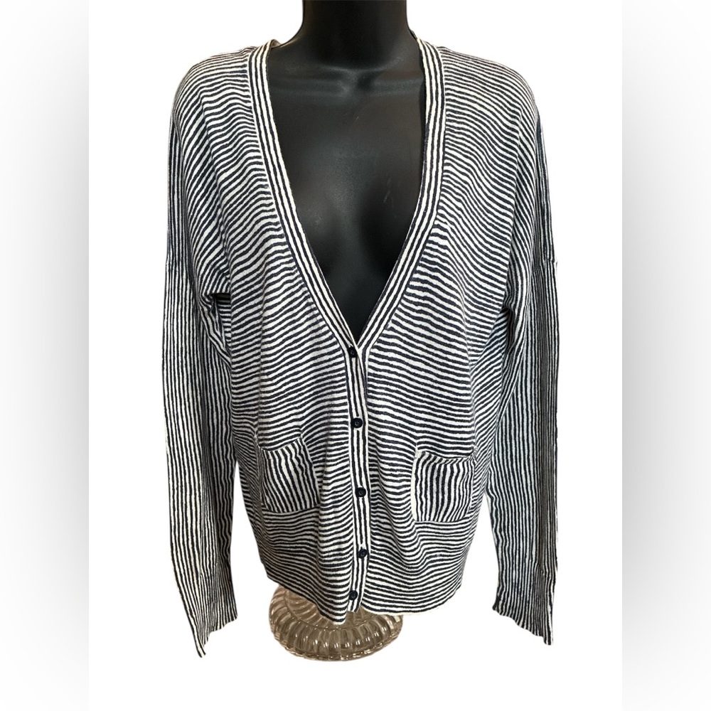 LOFT Charcoal Black & White Striped 100% Pima Cotton Cardigan. Size Large.